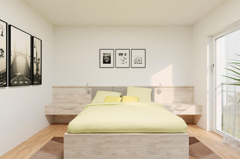 Ein modernes Schlafzimmer mit einem hellen Holzbett und gelber Bettwäsche.