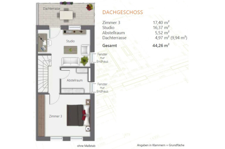 Grundriss eines Dachgeschosses mit Zimmern und Dachterrasse in Grautönen.