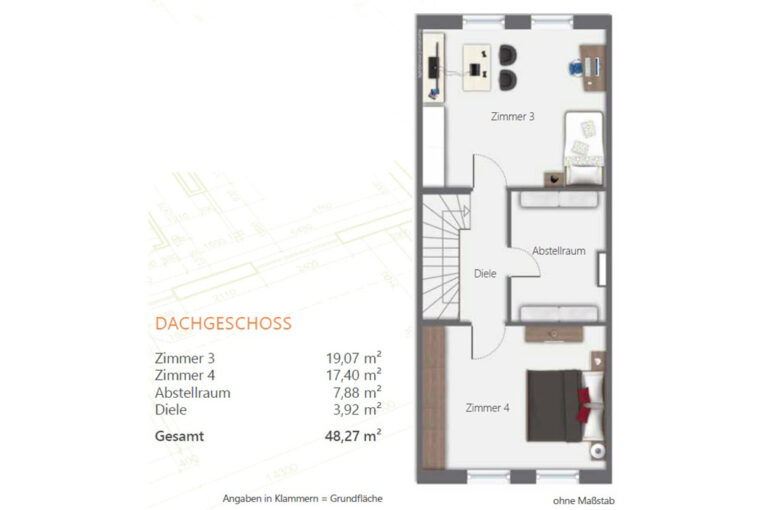Grundriss eines Dachgeschosses mit Zimmern, Abstellraum und Diele in Grau.
