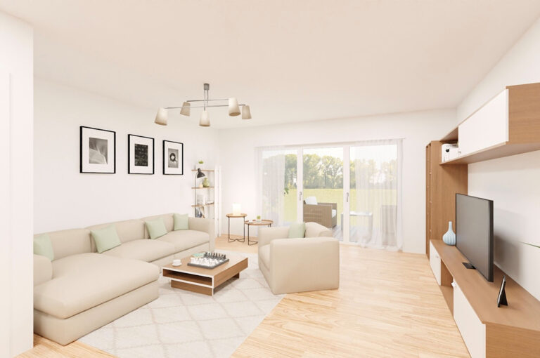 Helles Wohnzimmer mit modernem Sofa, Holzmöbeln und großen Fenstern.
