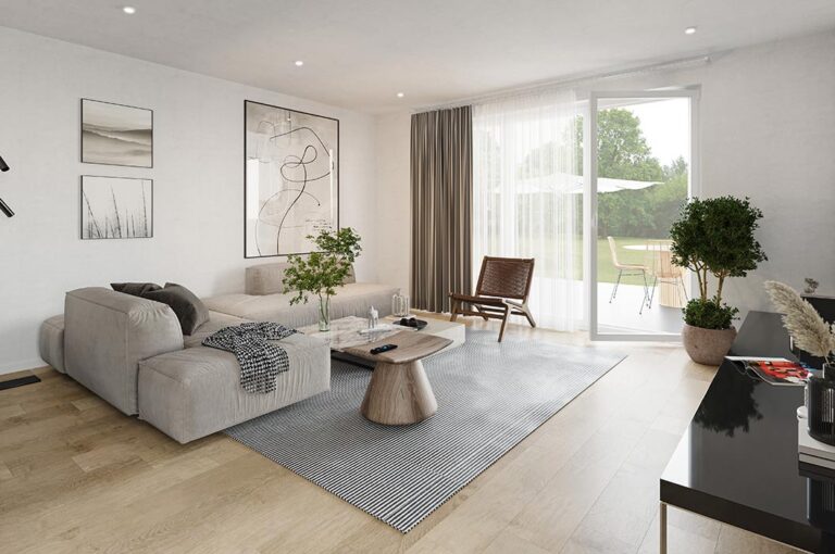 Ein modernes Wohnzimmer mit grauem Sofa, Holzmöbeln und großen Fenstern.