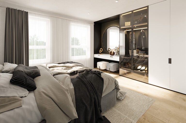 Ein modernes Schlafzimmer mit großen Fenstern, einem schwarzen Schrank und einem runden Spiegel.