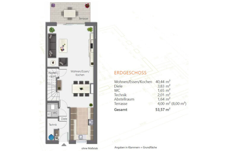 Grundriss eines Erdgeschosses mit Wohnbereich, Küche, WC und Terrasse.