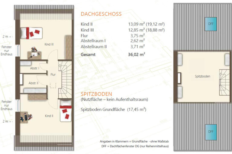 Grundriss eines Dachgeschosses mit zwei Kinderzimmern und einem Spitzboden in beige.