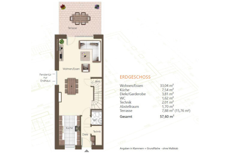 Grundriss einer Erdgeschosswohnung mit Esszimmer, Küche und Terrasse in dezenten Farben.