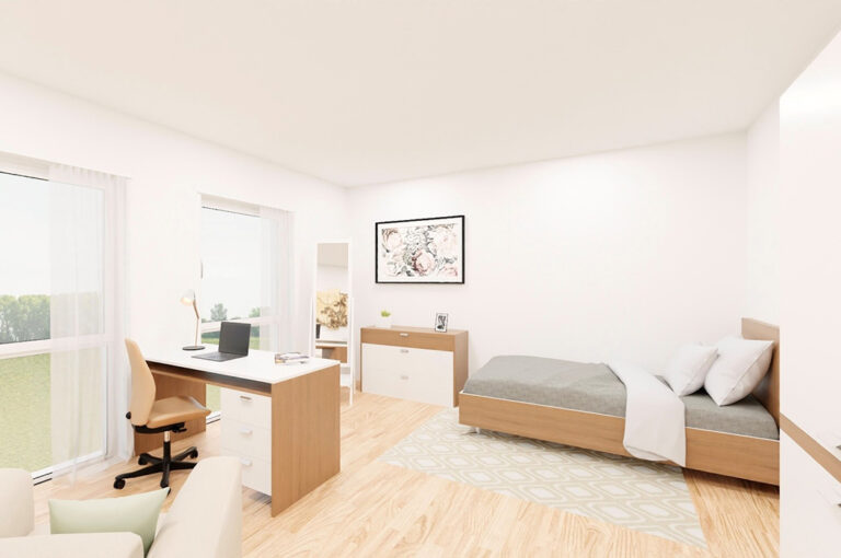 Ein modernes, helles Schlafzimmer mit Holzboden, Arbeitsplatz und Bett.