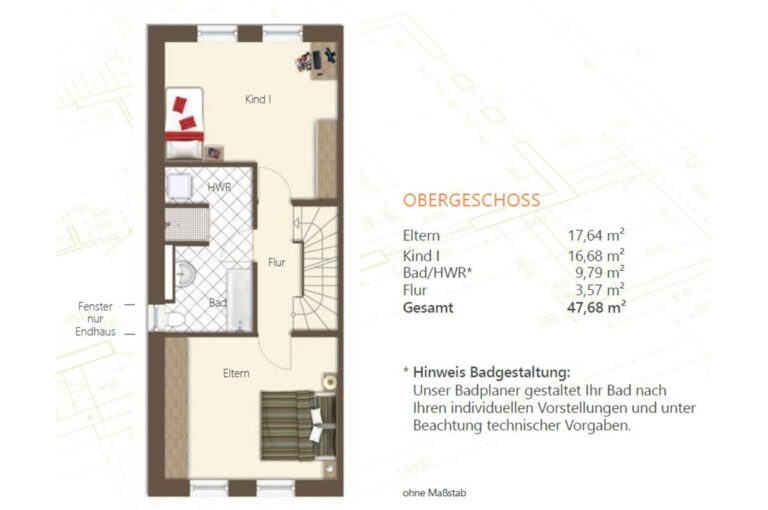 Grundriss eines Obergeschosses mit Zimmern, Flur, und Bad in beige und braun.