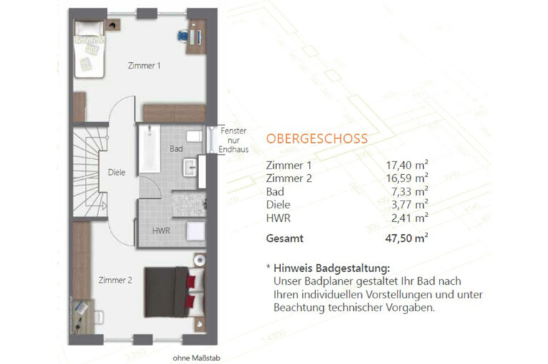 Grundriss des Obergeschosses mit zwei Zimmern, Bad und Diele in Grau.